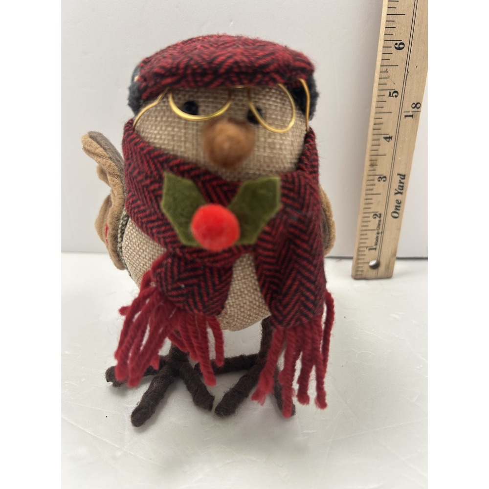Christmas Bird Figurine Fabric Plaid Scarf Glasses Multicolor Decor Small